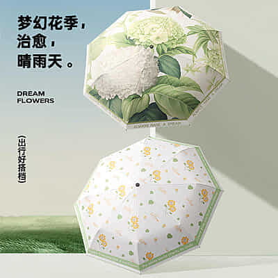 Eight-Skeleton Small Fresh Floral UV Folding Umbrella Black Coating New Three-Fold Open Wooden Handle European