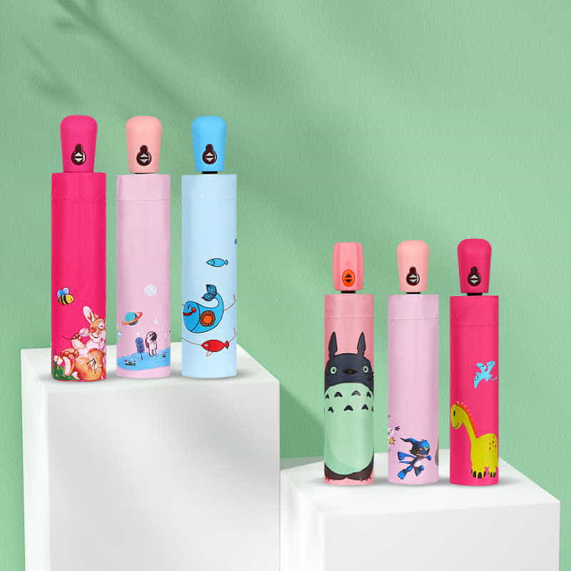 New automatic cartoon kids umbrella sunny umbrella three fold cartoon black rubber umbrella