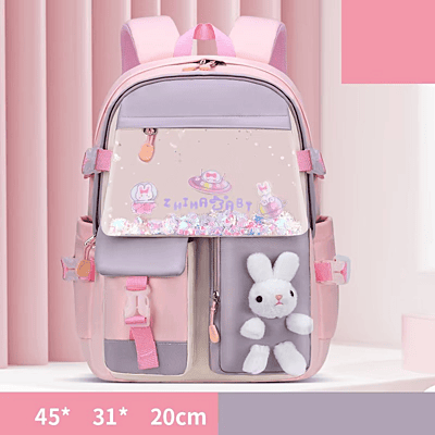 European style Special Design Quicksand Primary School Refrigerator School Bags Anime printed Backpack Bag for Children with cute rabbit doll