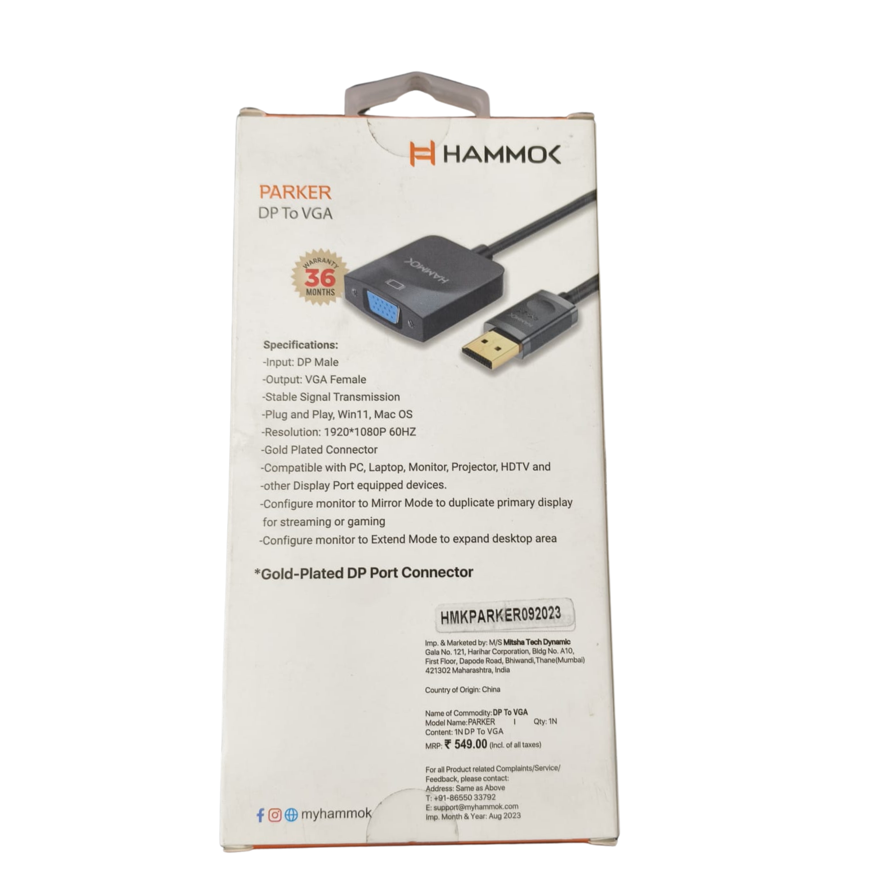 HAMMOK | PARKER | DP TO VGA ADAPTER | STABLE SIGNAL TRANSMISSION | PLUG & PLAY | BLACK HAMMOK | PARKER | DP TO VGA ADAPTER | STABLE SIGNAL TRANSMISSION | PLUG & PLAY | BLACK