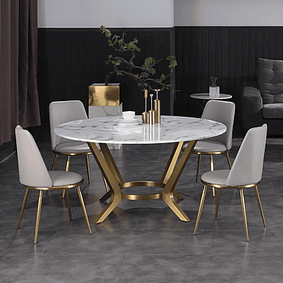 Vikinterio Round White Marble Dining Table Golden Stainless Steel Frame