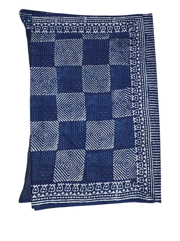 Indigo Hand Block Print Cotton Saree with Running Blouse