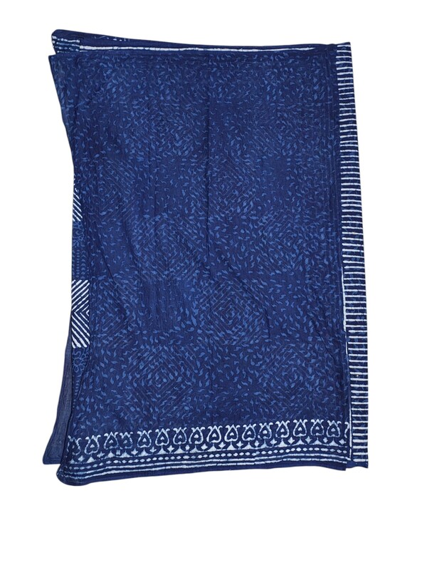 Indigo Hand Block Print Cotton Saree with Running Blouse