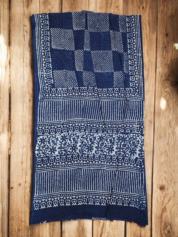 Indigo Hand Block Print Cotton Saree with Running Blouse