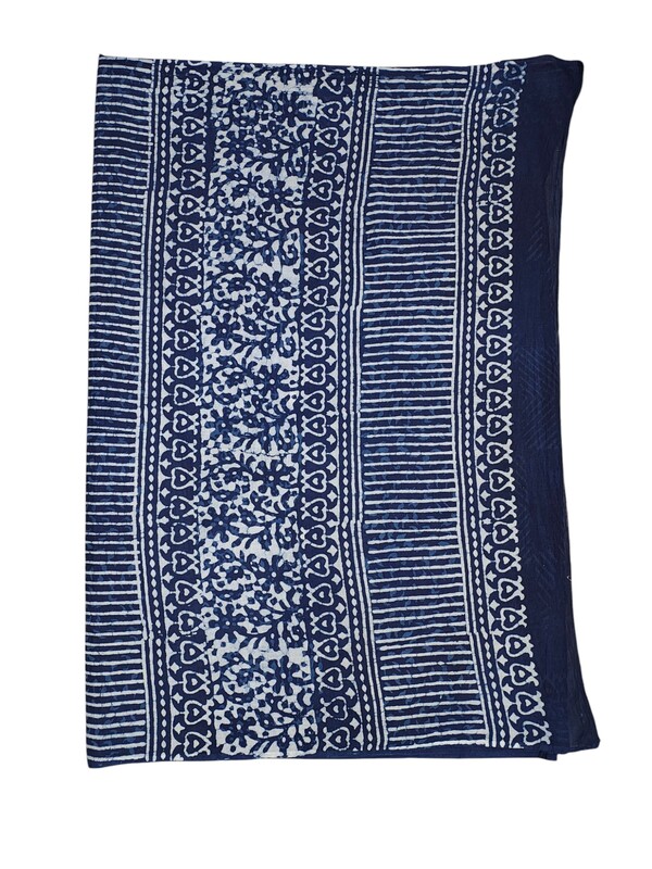 Indigo Hand Block Print Cotton Saree with Running Blouse