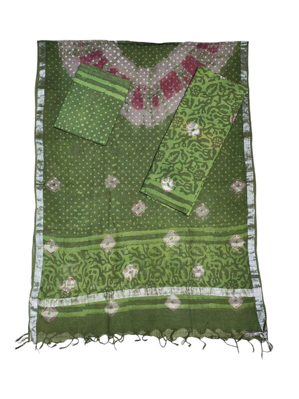 Olive Green Unstitched Hand block Print Cotton Salwar Suit Set with Linen Dupatta for Women