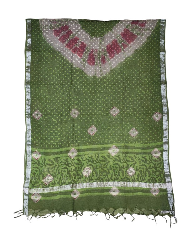 Olive Green Unstitched Hand block Print Cotton Salwar Suit Set with Linen Dupatta for Women