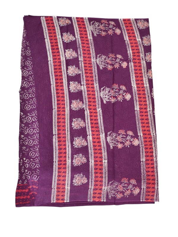 Wine Hand Block Print Pure Cotton Saree with Running Blouse
