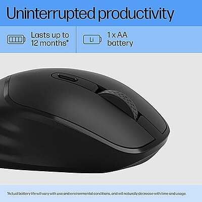 HP M120 Wireless Mouse, USB-A Nano dongle, 2.4 GHz Wireless Connection, 6 Buttons, Up to 1600 dpi, Optical Sensor, Ergonomic Design, 12-Month Battery