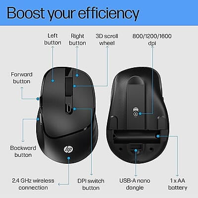 HP M120 Wireless Mouse, USB-A Nano dongle, 2.4 GHz Wireless Connection, 6 Buttons, Up to 1600 dpi, Optical Sensor, Ergonomic Design, 12-Month Battery