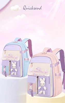 European style Special Design Quicksand Primary School Refrigerator School Bags Anime printed Backpack Bag for Children with cute rabbit doll