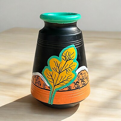Handpainted Teracotta Vases Black with Green Top
