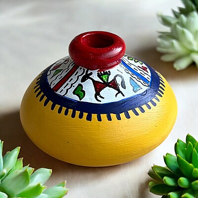 Handpainted Teracotta Small Vases Yellow with Red Top Handpainted Teracotta Small Vases Yellow with Red Top