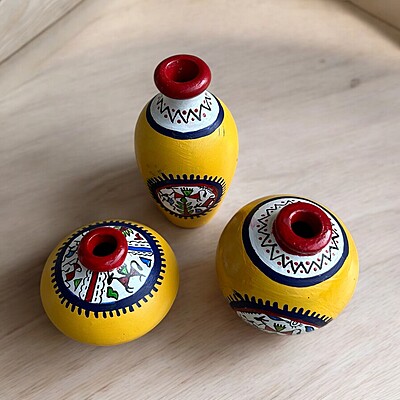 Handpainted Teracotta Small Vases Yellow with Red Top Handpainted Teracotta Small Vases Yellow with Red Top