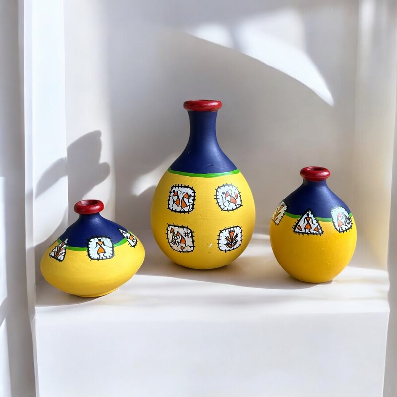 Handpainted Teracotta Vases Yellow with Red Top