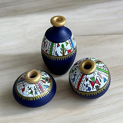 Handpainted Teracotta Vases Blue with Golden Top