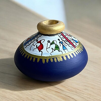 Handpainted Teracotta Vases Blue with Golden Top