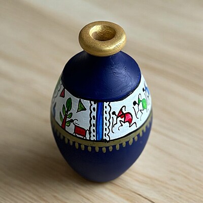 Handpainted Teracotta Vases Blue with Golden Top