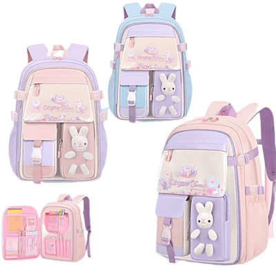 European style Special Design Quicksand Primary School Refrigerator School Bags Anime printed Backpack Bag for Children with cute rabbit doll