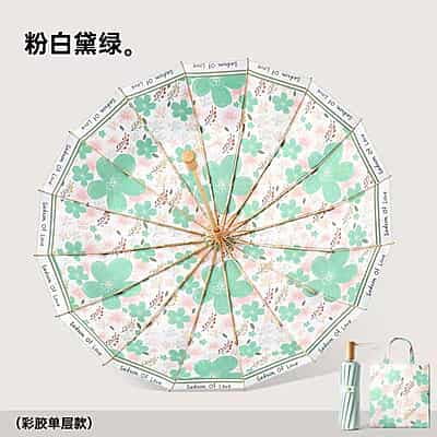 New arrival ancient style painting  16 ribs sunshade color coating uv protection three fold portable lade gift rainproof sun umbrella wooden handle