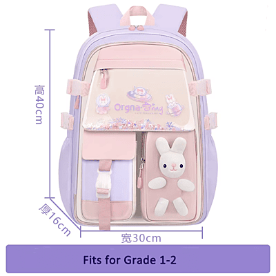 European style Special Design Quicksand Primary School Refrigerator School Bags Anime printed Backpack Bag for Children with cute rabbit doll