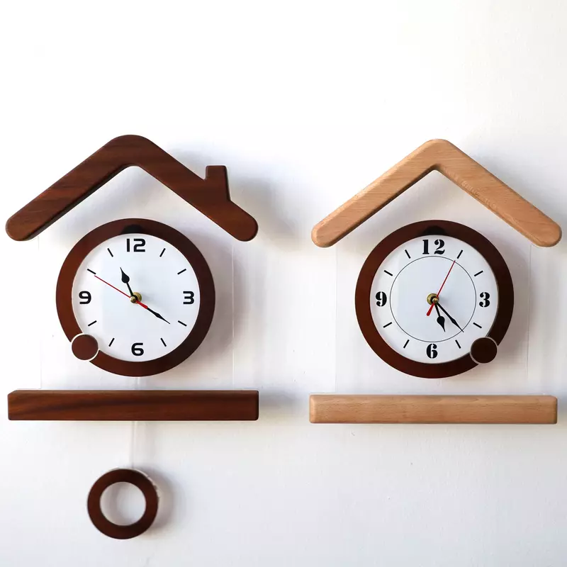 High Quality Luxury Wooden Wall Clock Home Wall Decor Pendulum Clock Super Silent Movement House Shape Design for Home Office