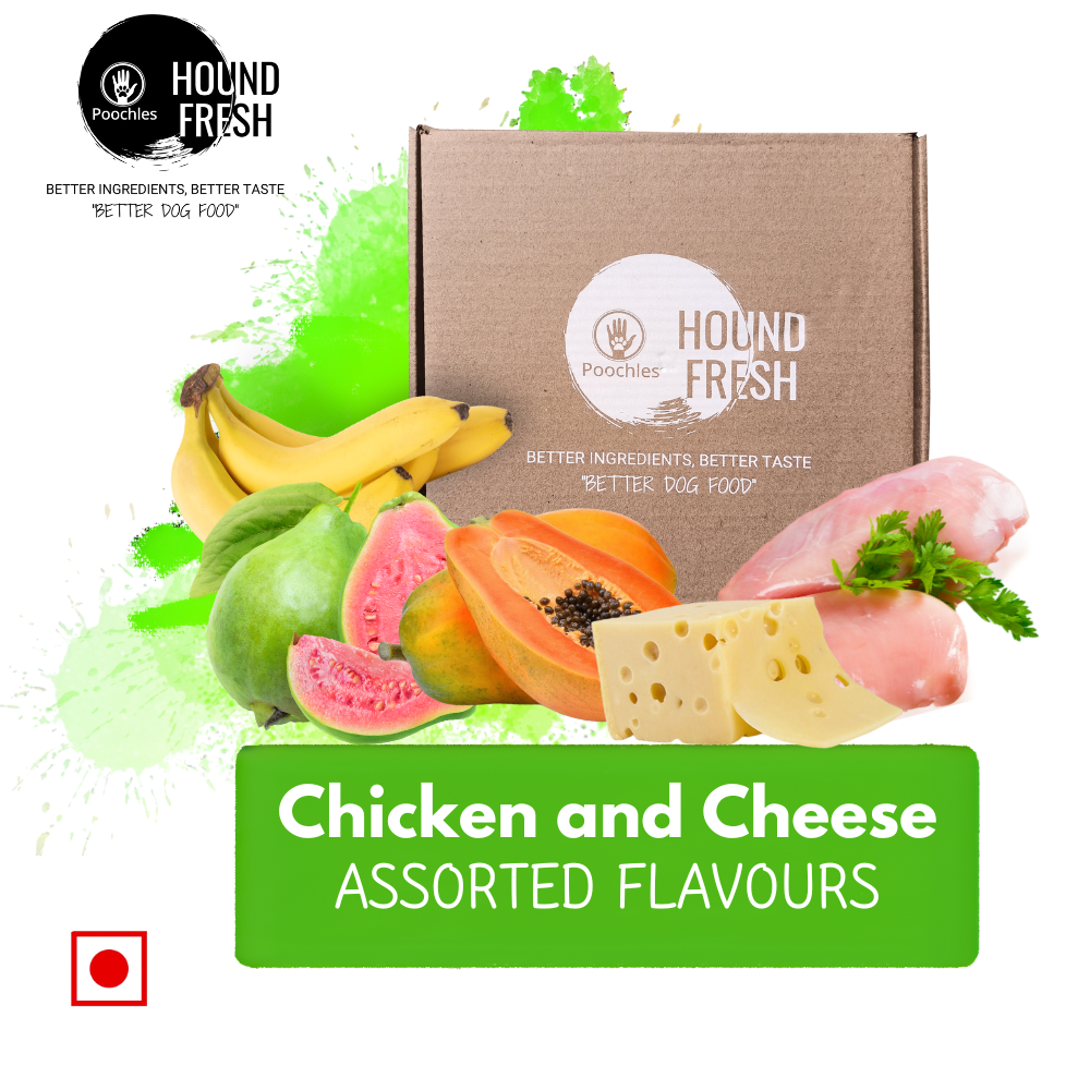 Hound Fresh Chicken and Cheese Dog Fresh Food, Banana, Guava and Papaya Flavoured. 3 in 1 Hound Fresh Chicken and Cheese Dog Fresh Food, Banana, Guava and Papaya Flavoured. 3 in 1