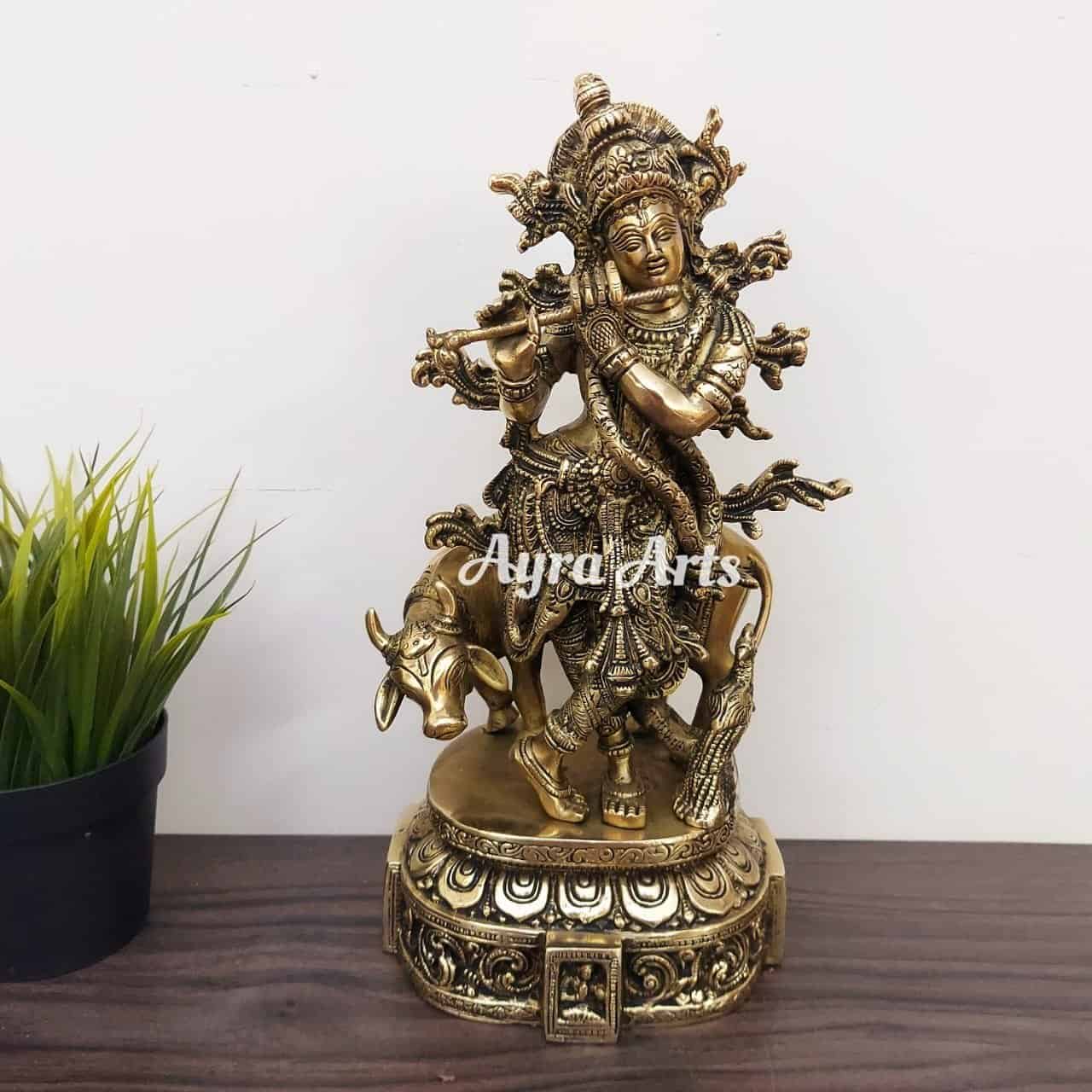 Brass Fine Cow Krishna with Flute - 12 inch Height | Artistic Beauty Brass Fine Cow Krishna with Flute - 12 inch Height | Artistic Beauty