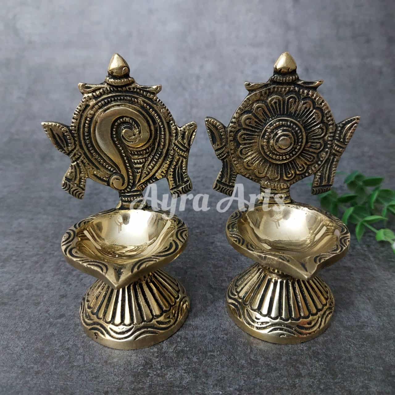 Brass Shankhchakra Diya Set - 4.3" Height | Exclusive Offer Brass Shankhchakra Diya Set - 4.3" Height | Exclusive Offer