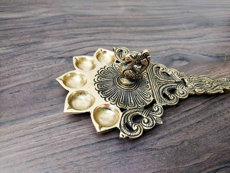 Brass Peacock Pancharti | 5 Petal Pooja Spoon - 8 inch Length | Elegant Brass Spoon for Devotional Offerings Brass Peacock Pancharti | 5 Petal Pooja Spoon - 8 inch Length | Elegant Brass Spoon for Devotional Offerings