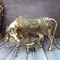 Brass Kamadhenu Cow and Calf - 9 inch Height | Sacred Brass Kamadhenu Cow and Calf Statue for Blessings Brass Kamadhenu Cow and Calf - 9 inch Height | Sacred Brass Kamadhenu Cow and Calf Statue for Blessings