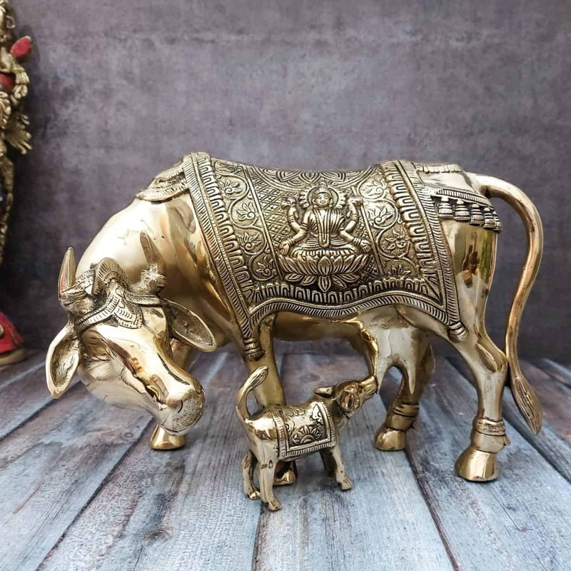 Brass Kamadhenu Cow and Calf - 9 inch Height | Sacred Brass Kamadhenu Cow and Calf Statue for Blessings Brass Kamadhenu Cow and Calf - 9 inch Height | Sacred Brass Kamadhenu Cow and Calf Statue for Blessings