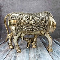 Brass Kamadhenu Cow and Calf - 9 inch Height | Sacred Brass Kamadhenu Cow and Calf Statue for Blessings Brass Kamadhenu Cow and Calf - 9 inch Height | Sacred Brass Kamadhenu Cow and Calf Statue for Blessings