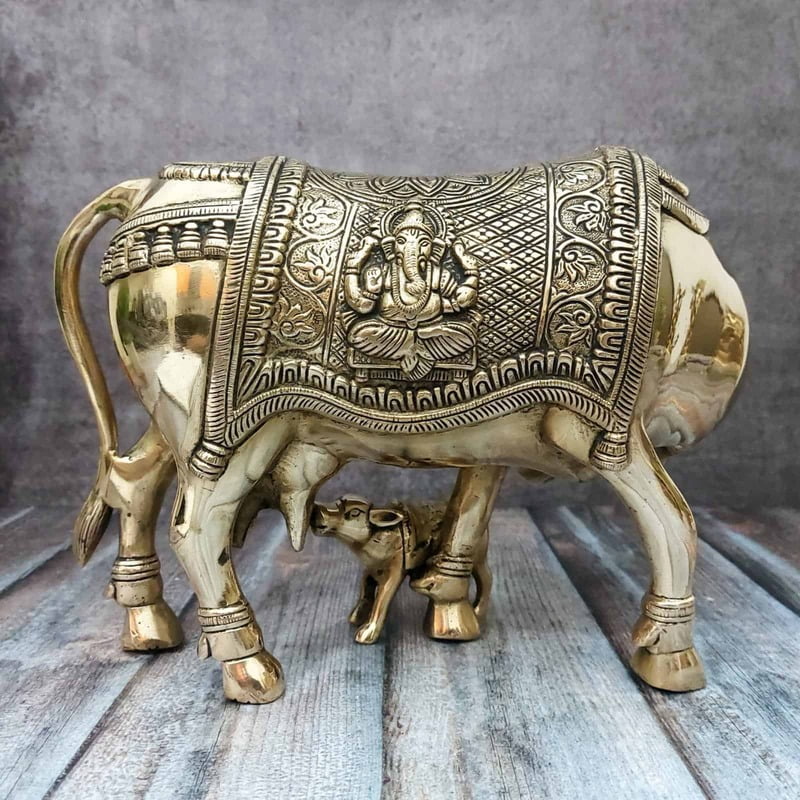 Brass Kamadhenu Cow and Calf - 9 inch Height | Sacred Brass Kamadhenu Cow and Calf Statue for Blessings Brass Kamadhenu Cow and Calf - 9 inch Height | Sacred Brass Kamadhenu Cow and Calf Statue for Blessings