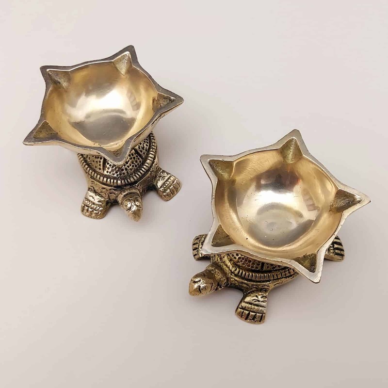 Brass Tortoise 5 Batti Diya Pair - 1.8 inch Height | Intricate Brass Tortoise Diya Pair for Divine Offering