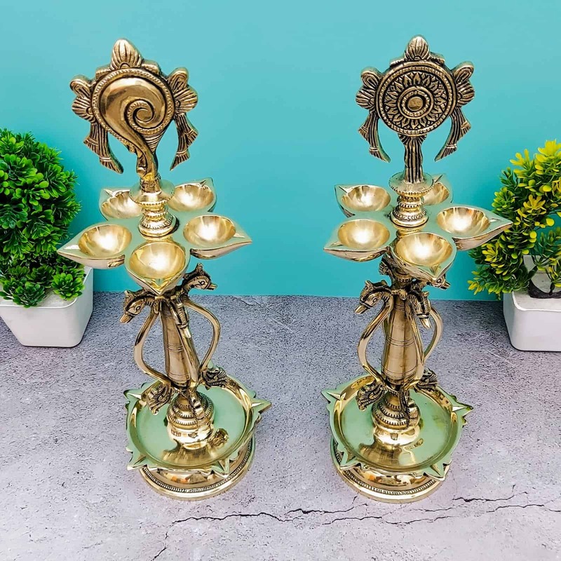 Brass Shankhchakra Lamps Set - 15.5 inch Height | Sacred Brass Shankhchakra Lamps for Pujas