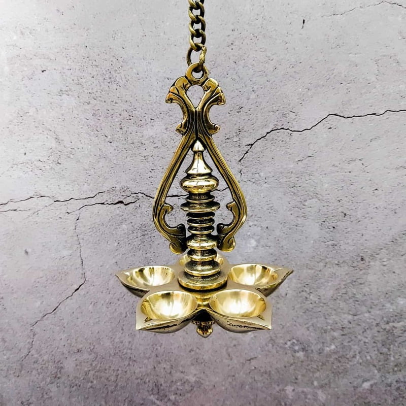 Brass Wall hanging five Wick Diya - 25 inch Height | Grand Brass Wall Hanging Diya with Five Wicks Brass Wall hanging five Wick Diya - 25 inch Height | Grand Brass Wall Hanging Diya with Five Wicks