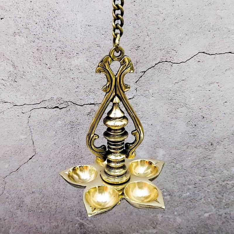 Brass Wall hanging five Wick Diya - 25 inch Height | Grand Brass Wall Hanging Diya with Five Wicks Brass Wall hanging five Wick Diya - 25 inch Height | Grand Brass Wall Hanging Diya with Five Wicks