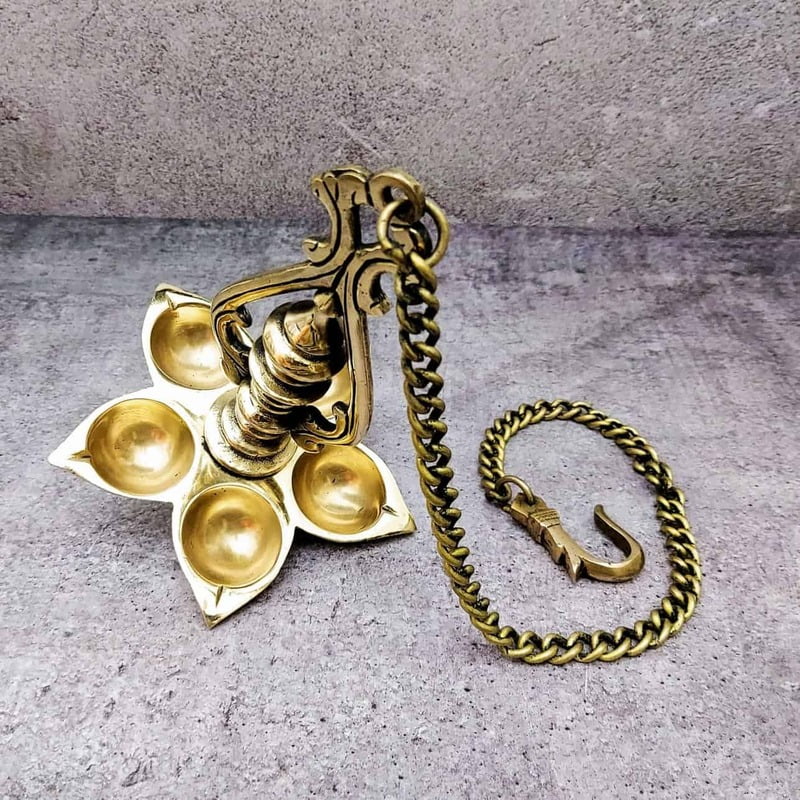 Brass Wall hanging five Wick Diya - 25 inch Height | Grand Brass Wall Hanging Diya with Five Wicks Brass Wall hanging five Wick Diya - 25 inch Height | Grand Brass Wall Hanging Diya with Five Wicks