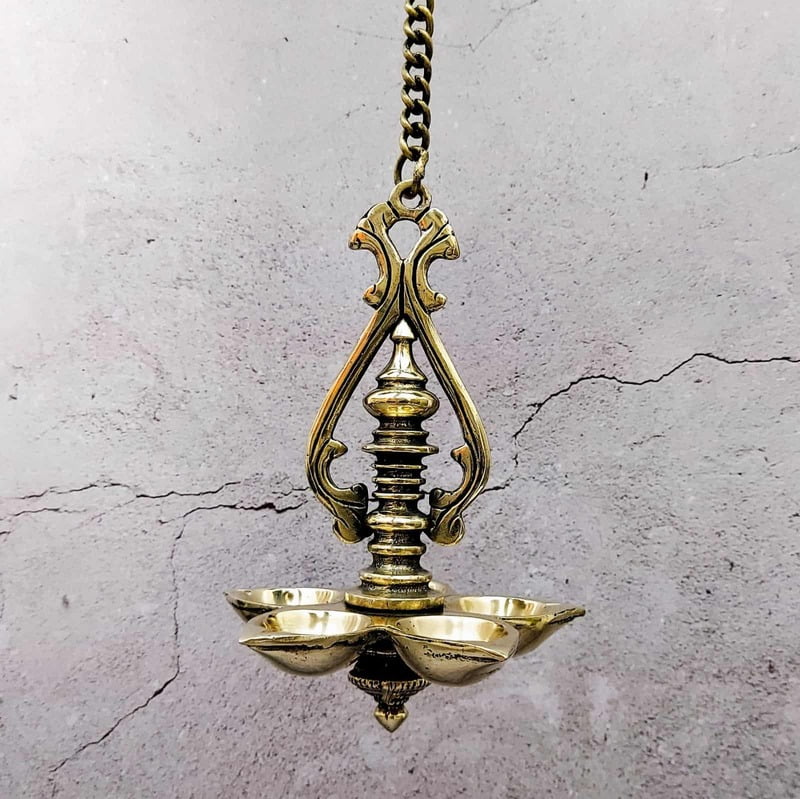 Brass Wall hanging five Wick Diya - 25 inch Height | Grand Brass Wall Hanging Diya with Five Wicks Brass Wall hanging five Wick Diya - 25 inch Height | Grand Brass Wall Hanging Diya with Five Wicks