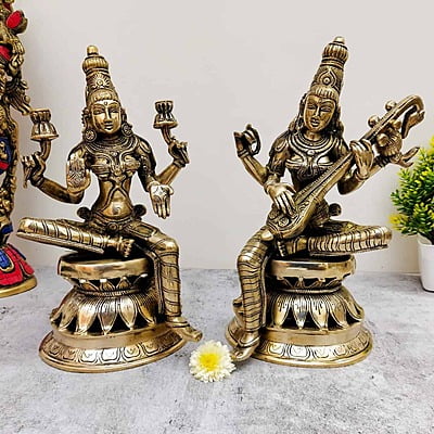 Brass Lakshmi Saraswati Idols - 12.2 inch Height | Divine Blessings and Wisdom