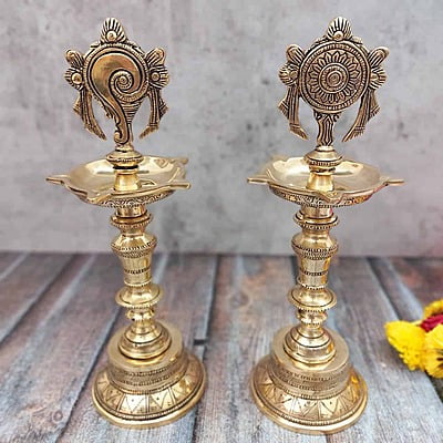 Brass Shankh Chakra Lamp Pair - 12 inch Height | Spiritual Aura