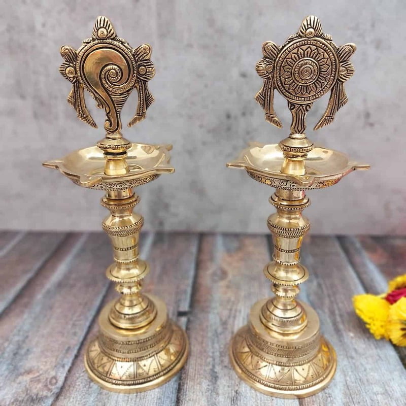 Brass Shankh Chakra Lamp Pair - 12 inch Height | Spiritual Aura Brass Shankh Chakra Lamp Pair - 12 inch Height | Spiritual Aura