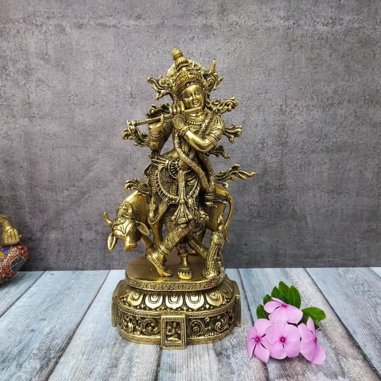 Brass Fine Cow Krishna with Flute - 12 inch Height | Artistic Beauty Brass Fine Cow Krishna with Flute - 12 inch Height | Artistic Beauty