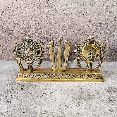 Brass Shankh Chakra Namah Showpiece - 4.4 inch Height | Sacred Brass Showpiece with Shankh and Chakra Design