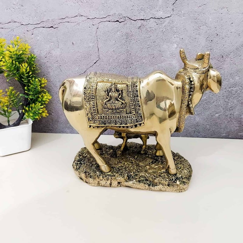 Brass Cow and Calf, Kamadhenu - 10 inch Height | Sacred Brass Kamadhenu Cow and Calf Statue for Blessings Brass Cow and Calf, Kamadhenu - 10 inch Height | Sacred Brass Kamadhenu Cow and Calf Statue for Blessings
