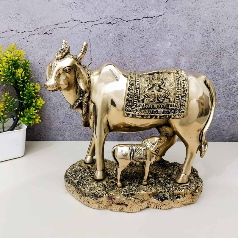 Brass Cow and Calf, Kamadhenu - 10 inch Height | Sacred Brass Kamadhenu Cow and Calf Statue for Blessings Brass Cow and Calf, Kamadhenu - 10 inch Height | Sacred Brass Kamadhenu Cow and Calf Statue for Blessings