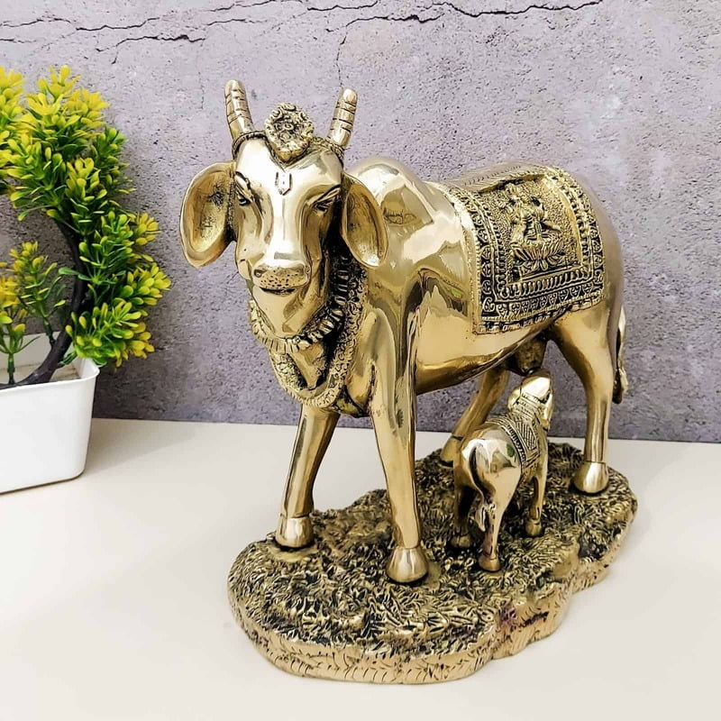Brass Cow and Calf, Kamadhenu - 10 inch Height | Sacred Brass Kamadhenu Cow and Calf Statue for Blessings Brass Cow and Calf, Kamadhenu - 10 inch Height | Sacred Brass Kamadhenu Cow and Calf Statue for Blessings