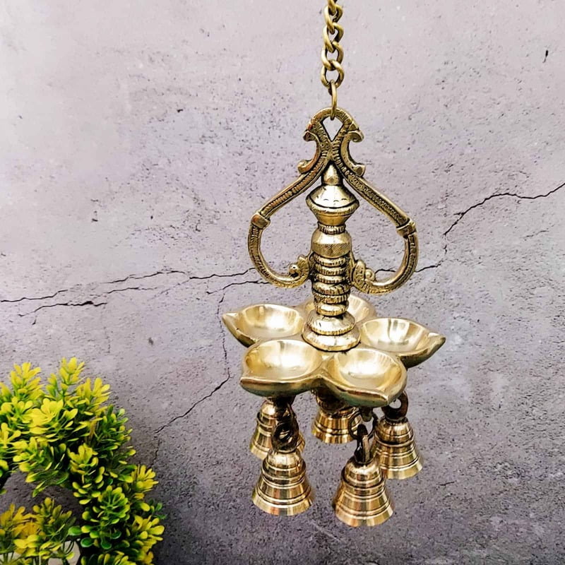 Brass Five Wick Wall Hanging Lamp with Bells - 24 inch Height | Traditional Brass Wall Hanging Lamp with Five Wicks and Bells Brass Five Wick Wall Hanging Lamp with Bells - 24 inch Height | Traditional Brass Wall Hanging Lamp with Five Wicks and Bells
