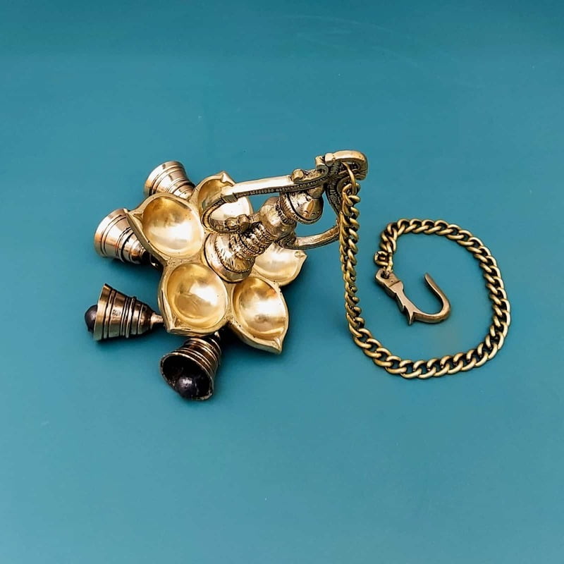 Brass Five Wick Wall Hanging Lamp with Bells - 24 inch Height | Traditional Brass Wall Hanging Lamp with Five Wicks and Bells Brass Five Wick Wall Hanging Lamp with Bells - 24 inch Height | Traditional Brass Wall Hanging Lamp with Five Wicks and Bells